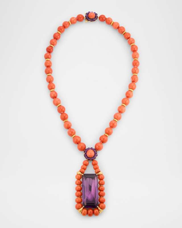 Estate 18K Yellow Gold Coral Bead and Amethyst Necklace